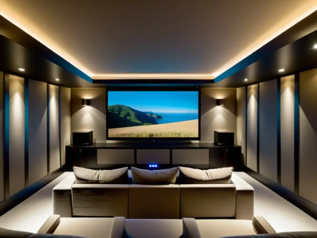 Acogedor home theater Feng Shui armonioso con muebles cuidadosamente dispuestos y una iluminación suave, creando un ambiente de armonía y equilibrio