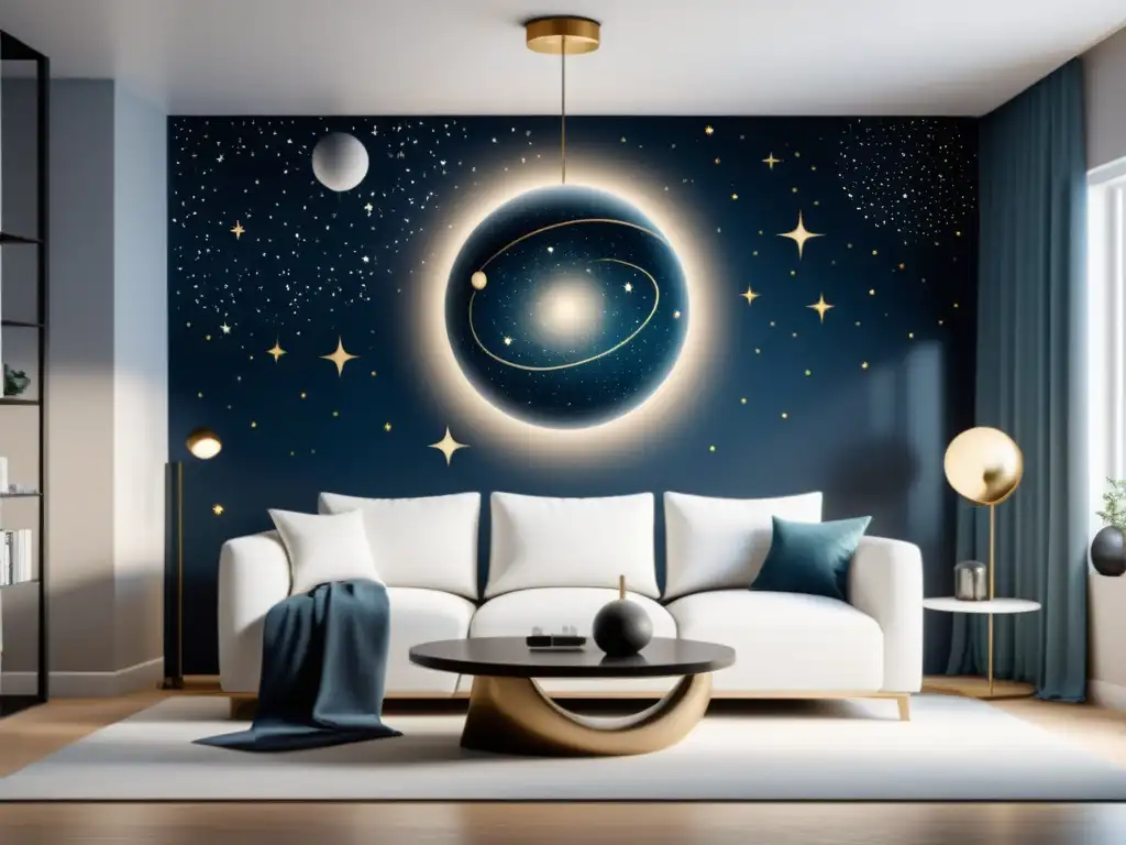 Acogedor diseño hogareño con temática celestial, resaltando la importancia de la astrología y las estrellas en la decoración moderna