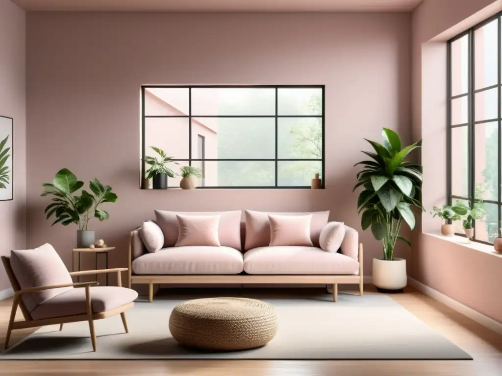 Un acogedor diseño interior con paredes rosa suave, un sofá blush y muebles de madera clara