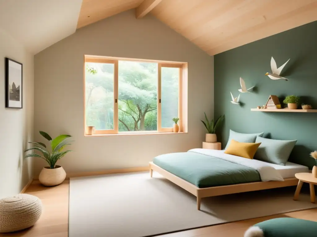 Acogedor dormitorio infantil con muebles de madera clara, decoración inspirada en la naturaleza y amplia ventana