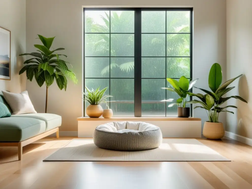 Un acogedor espacio para mascotas con Feng Shui, con luz natural, plantas y fuente de agua, creando un ambiente armonioso para relajarse