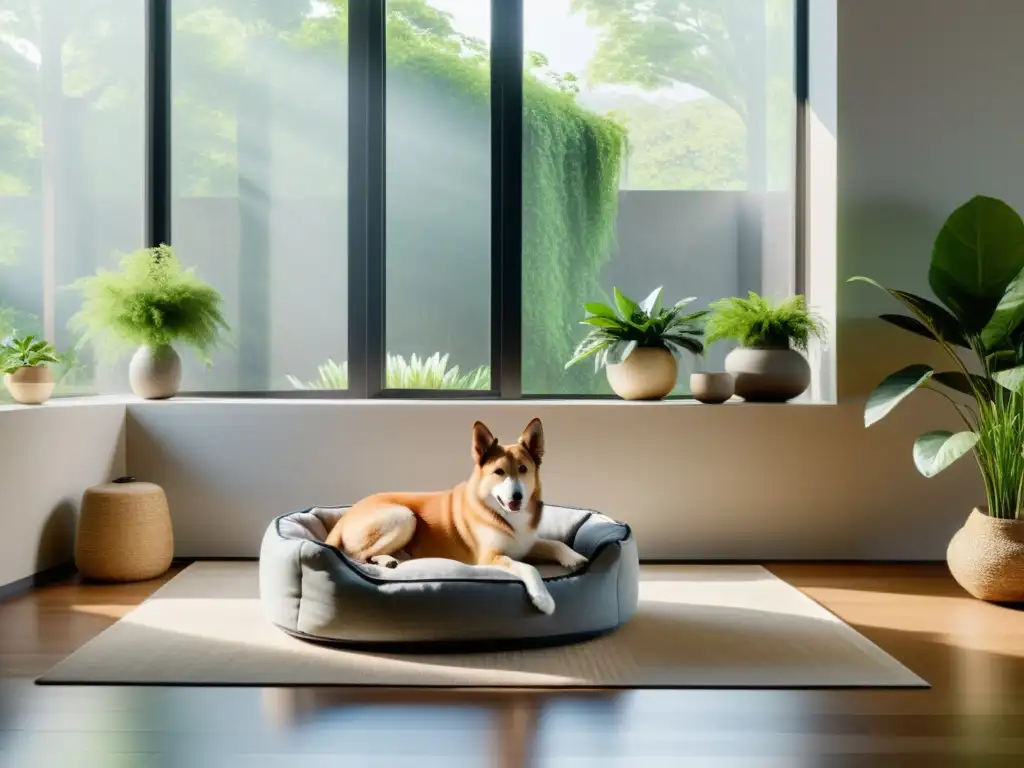 Un acogedor rincón con luz natural, cama para mascotas y armoniosa decoración