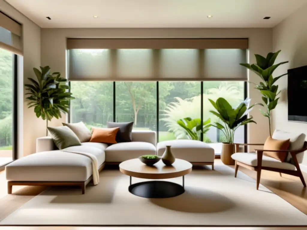 Acogedor salón con iluminación adaptable Feng Shui, muebles minimalistas y plantas vibrantes