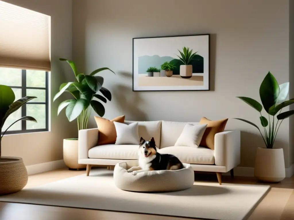 Acogedor salón minimalista con accesorios amigables para mascotas y plantas, creando un ambiente de Feng Shui para mascotas en casa