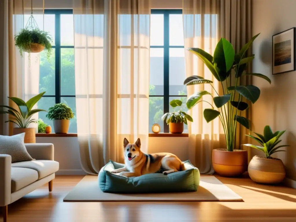 Un acogedor salón minimalista con una cama para mascotas junto a la ventana iluminada