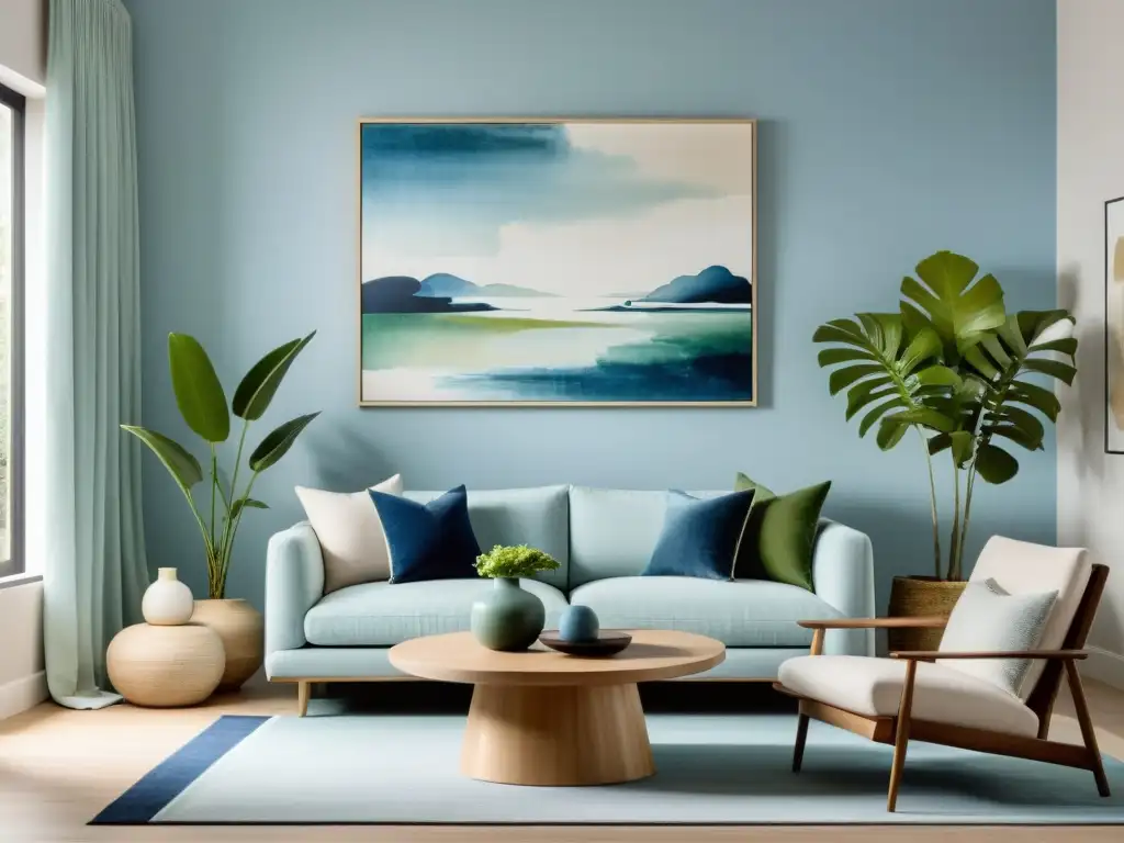 Acogedor salón minimalista con decoraciones feng shui para hogar, pintura abstracta en tonos de azul y verde y ambiente tranquilo y equilibrado