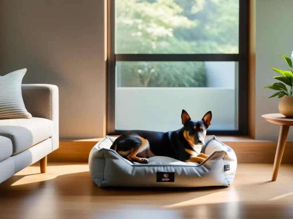 Un acogedor salón minimalista con una elegante cama para mascotas junto a la ventana