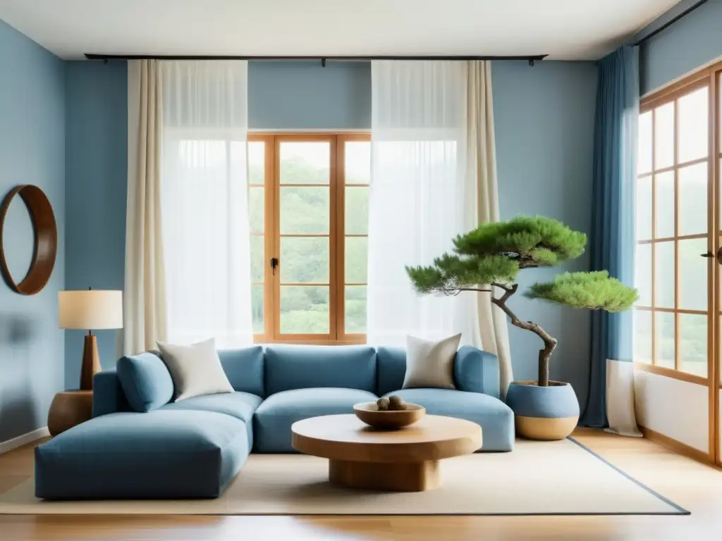 Acogedor salón minimalista con diseño de interiores basado en Feng Shui