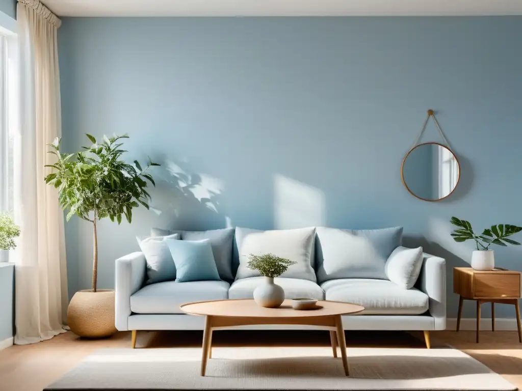 Un acogedor salón minimalista con luz natural y muebles sencillos, refleja una renovación energética en un pequeño apartamento con toques de Feng Shui