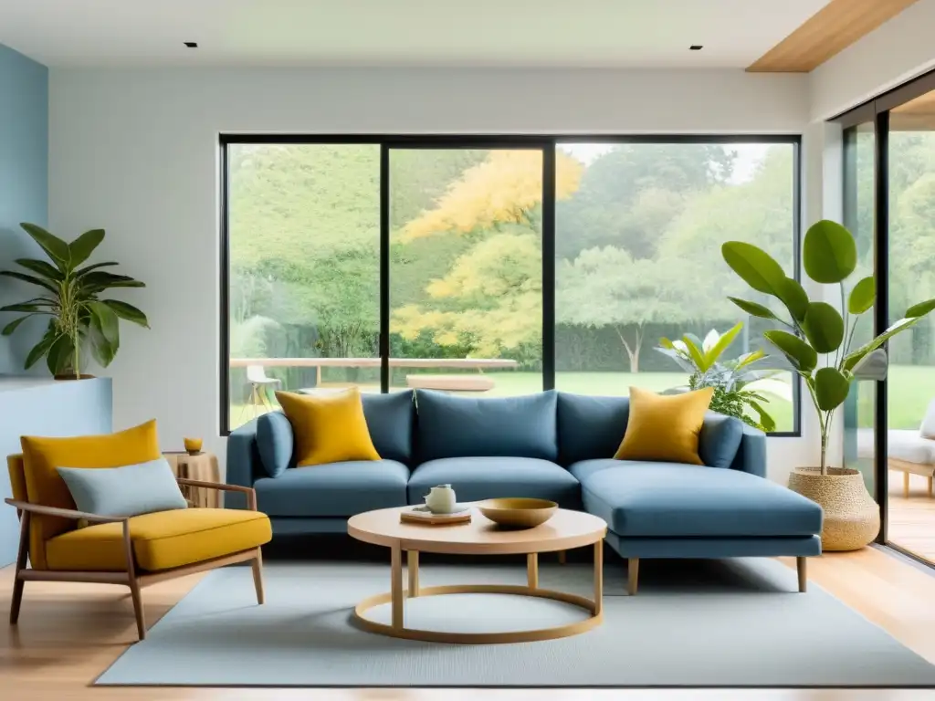 Acogedor salón minimalista con paleta de colores en Feng Shui, suaves tonos azules, verdes y cálidos