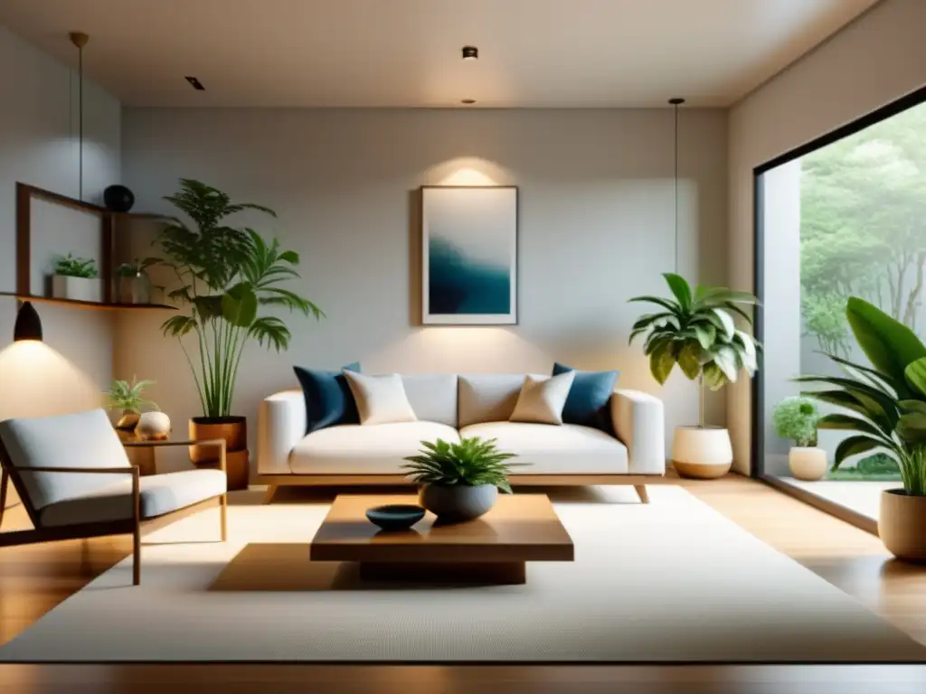 Acogedor salón minimalista con iluminación cálida, plantas y agua, siguiendo principios de Feng Shui para un hogar armonioso