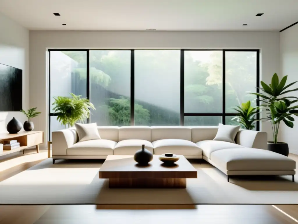 Acogedor salón minimalista con principios básicos del Feng Shui, tonos suaves y armonía natural