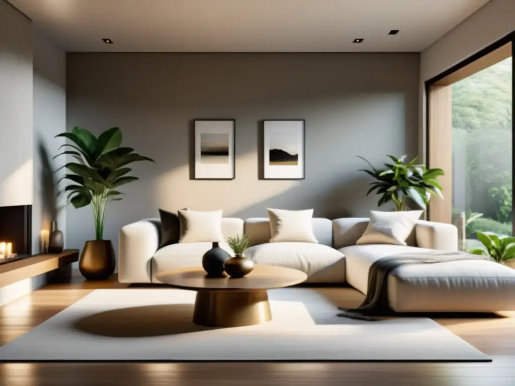 Acogedor salón con muebles minimalistas y elementos de Feng Shui clásico para armonización del hogar, en tonos terrosos suaves y luz natural