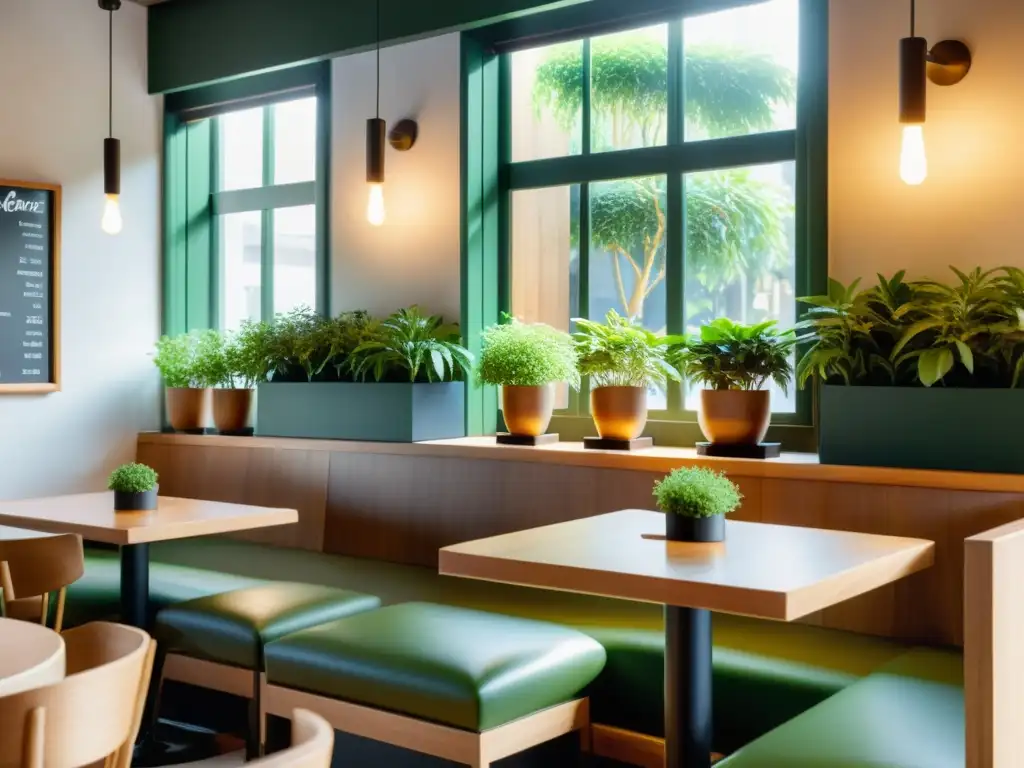 Una acogedora cafetería con iluminación suave y armoniosa, muebles de madera y plantas verdes, siguiendo los principios del Feng Shui