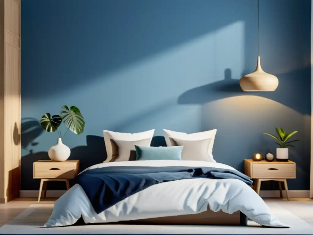 Acogedora habitación Feng Shui para hostales, con cama cómoda, decoración minimalista y una atmósfera armoniosa en tonos azules