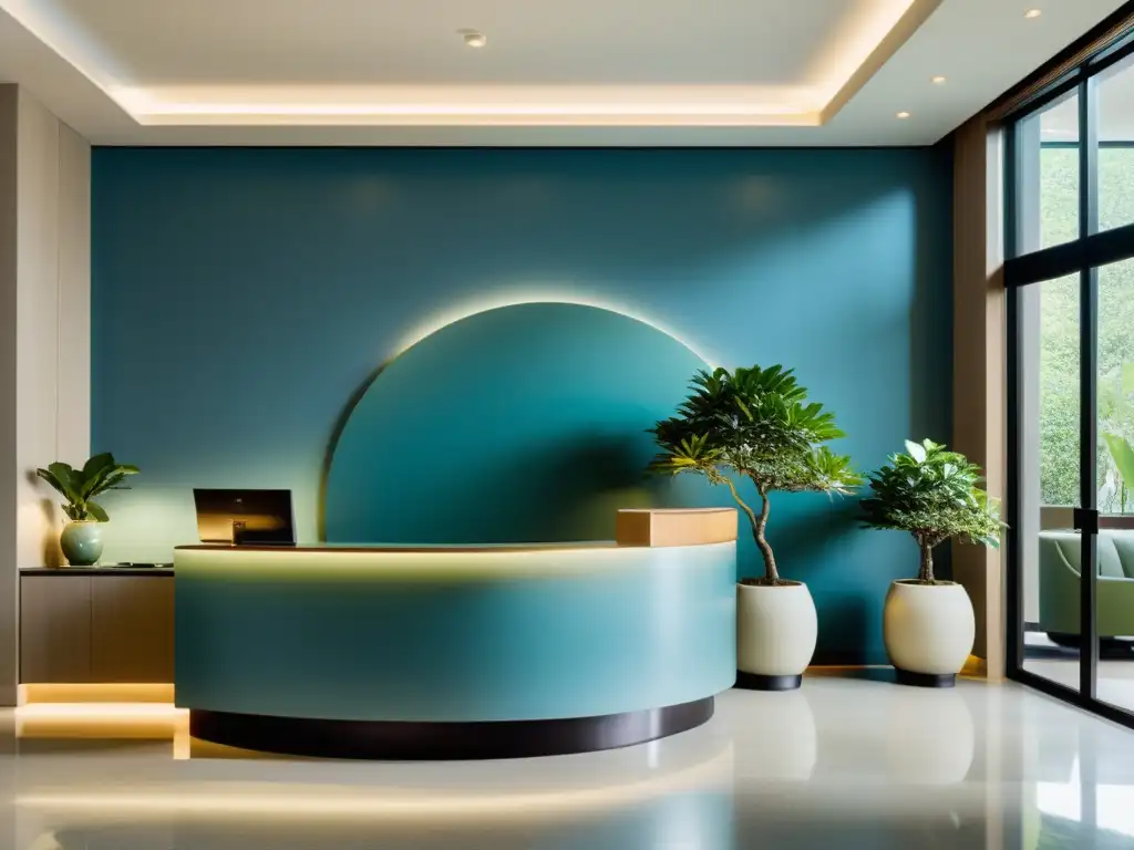 Acogedora recepción de hotel con diseño Feng Shui en tonos suaves y armoniosos, promoviendo equilibrio y tranquilidad en las zonas comunes del hotel