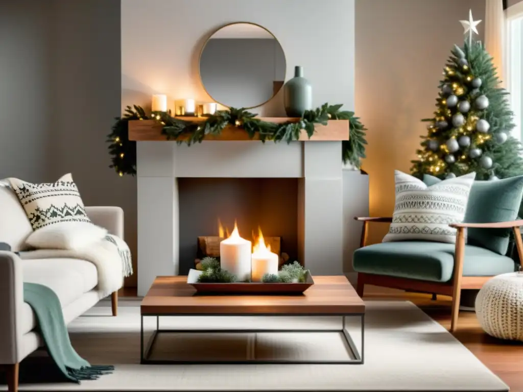 Acogedora sala con adornos navideños respetando Feng Shui, elegante chimenea blanca con guirnalda de eucalipto y adornos plateados, mesa de café de madera inspirada en el estilo escandinavo y sofá neutro con cojines geométricos