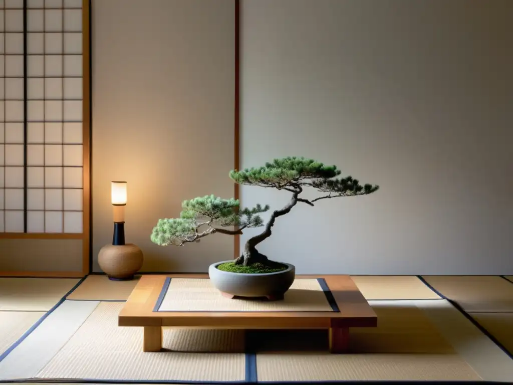 Acogedora sala de estilo japonés en invierno con mesa de madera, ramas y escultura de piedra