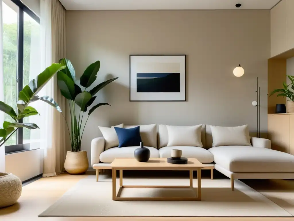 Salón minimalista con armonía Feng Shui y tranquilidad Acogedora sala de estar minimalista con decoración Feng Shui para apartamentos pequeños