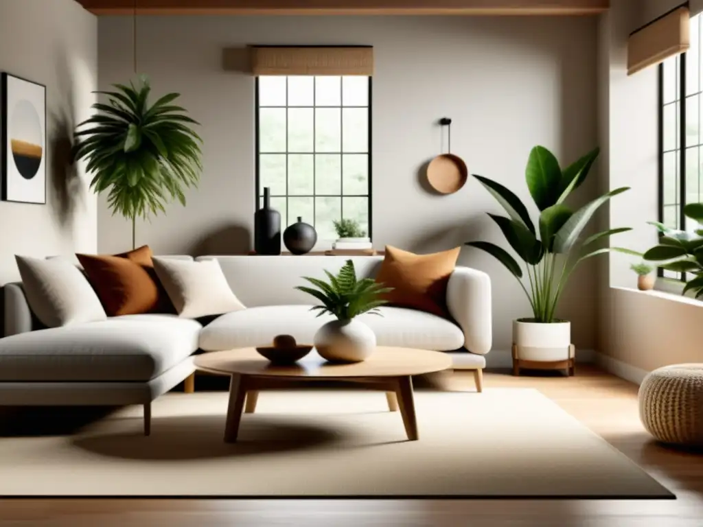 Acogedora sala minimalista con Feng Shui para crisis emocional, luz natural y plantas decorativas en armonía