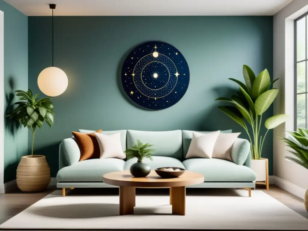 Acogedora sala minimalista con detalles celestiales, resaltando la importancia de la astrología y las estrellas en el diseño del hogar