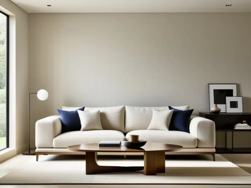 Acogedora sala minimalista con equilibrio Feng Shui en espacios reducidos, tonos suaves y líneas limpias