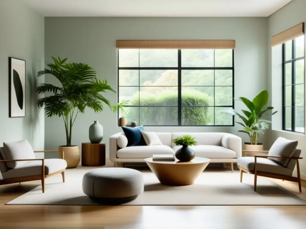 Acogedora sala minimalista con limpieza física y energética Feng Shui, luz natural y equilibrio decorativo