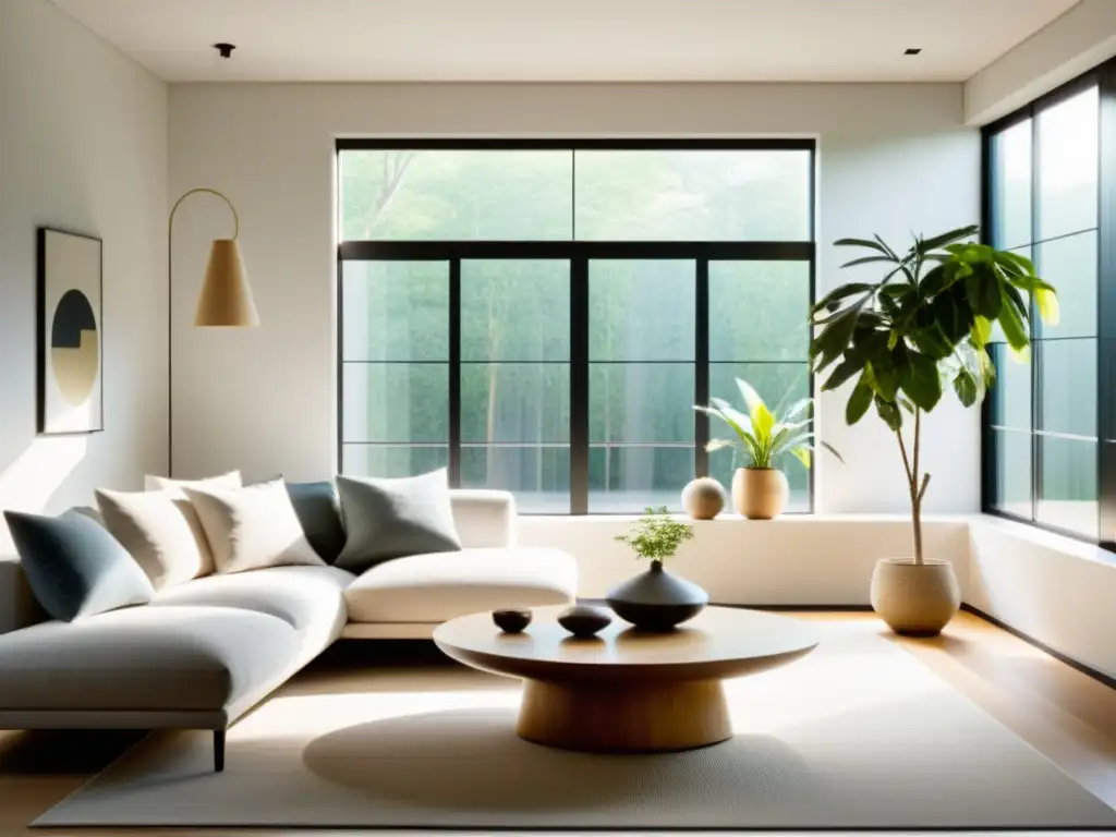 Acogedora sala de estar minimalista con luz natural y elementos Feng Shui para principiantes consejos ecológicos