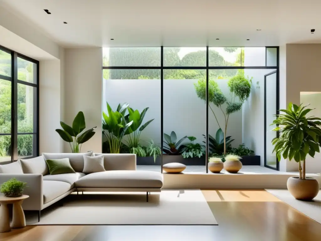 Acogedora sala minimalista con luz natural y jardín interior