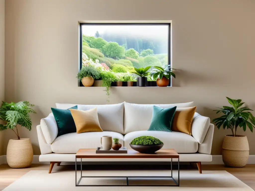 Acogedora sala minimalista con paleta de colores Feng Shui, sofá blanco y ventana con vista al jardín sereno