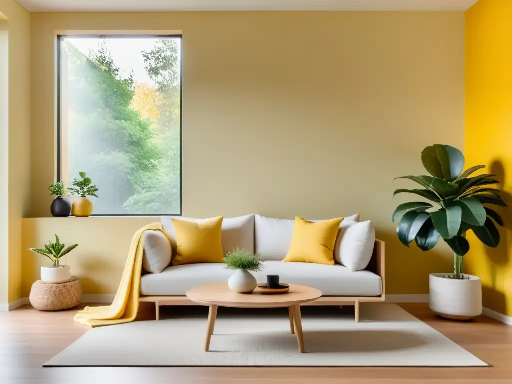 Acogedora sala minimalista con paredes amarillas suaves y muebles modernos en tonos claros, destacando el significado del color amarillo en Feng Shui