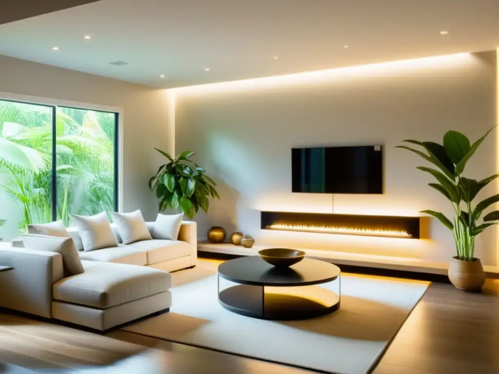 Acogedora sala con iluminación LED Feng Shui hogar, decoración minimalista y plantas en armonía, creando un ambiente tranquilo y equilibrado