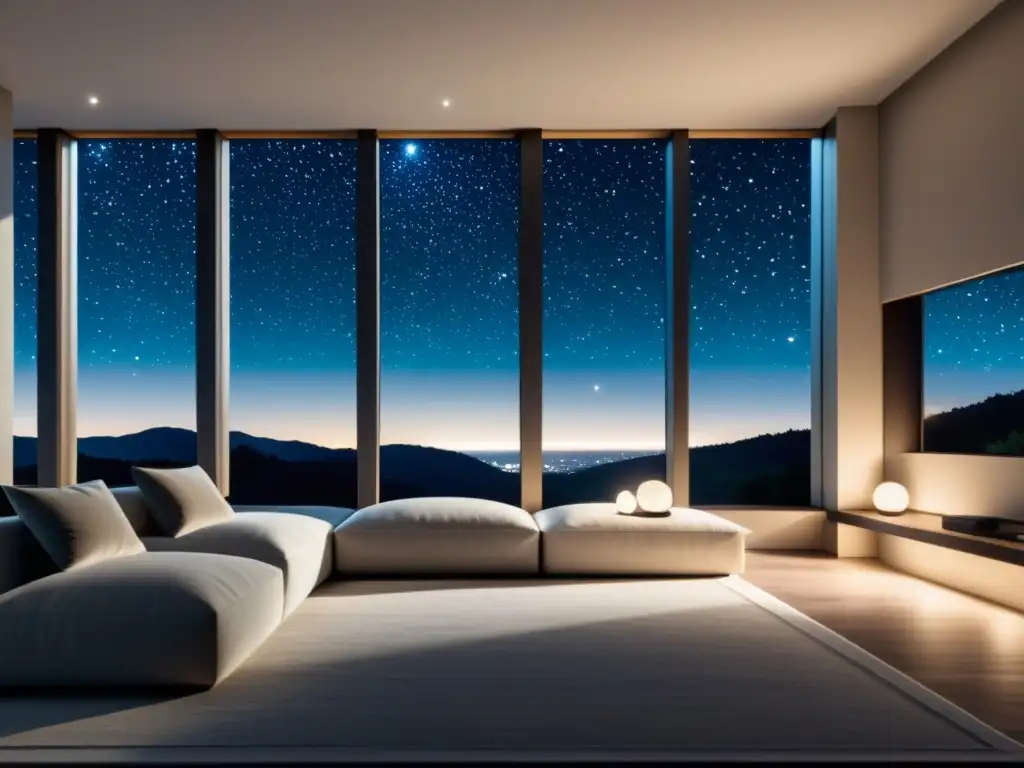 Acogedora sala minimalista con ventanales que muestran un cielo estrellado, resaltando la importancia de la astrología en el diseño del hogar