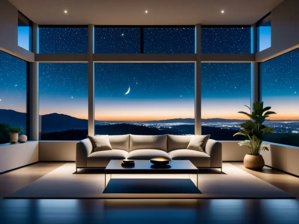 Acogedora sala minimalista con vista panorámica del cielo estrellado, destacando la importancia de la astrología en el diseño del hogar