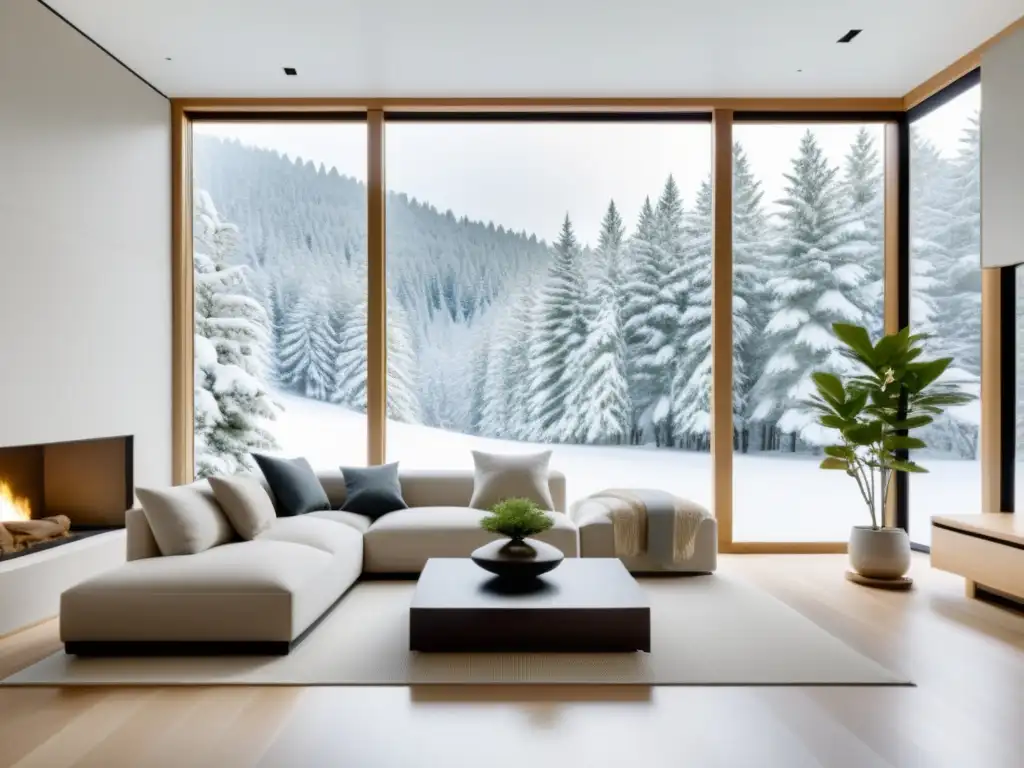 Acogedora sala de estar minimalista con vista a un bosque nevado, con elementos de Feng Shui en Rusia, luz natural y armonía