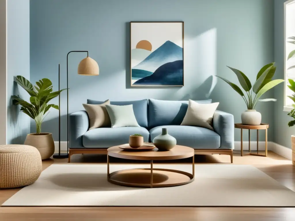 Acogedora sala con paleta de colores Feng Shui hogar, muebles minimalistas y una atmósfera serena