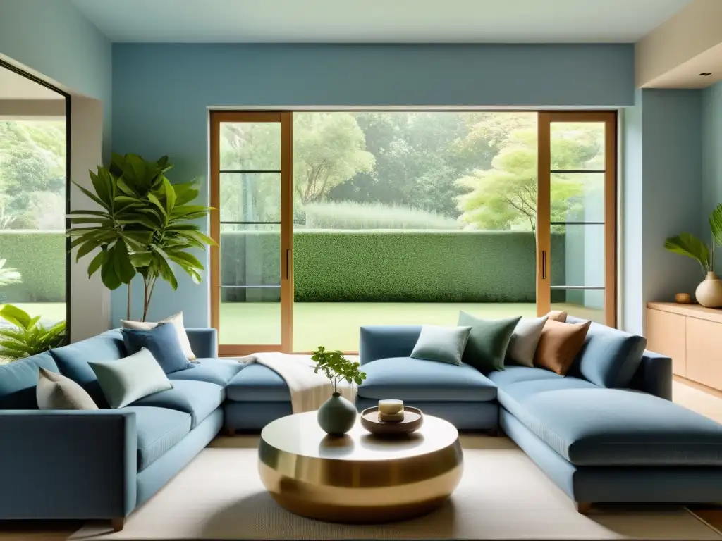 Acogedora sala con psicología del color en Feng Shui, inundada de luz natural y una armoniosa paleta de colores