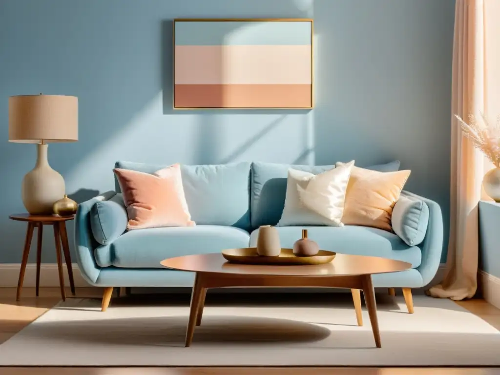 Acogedora sala de estar con psicología del color en feng shui, paredes pastel y ventana bañada por cálida luz dorada