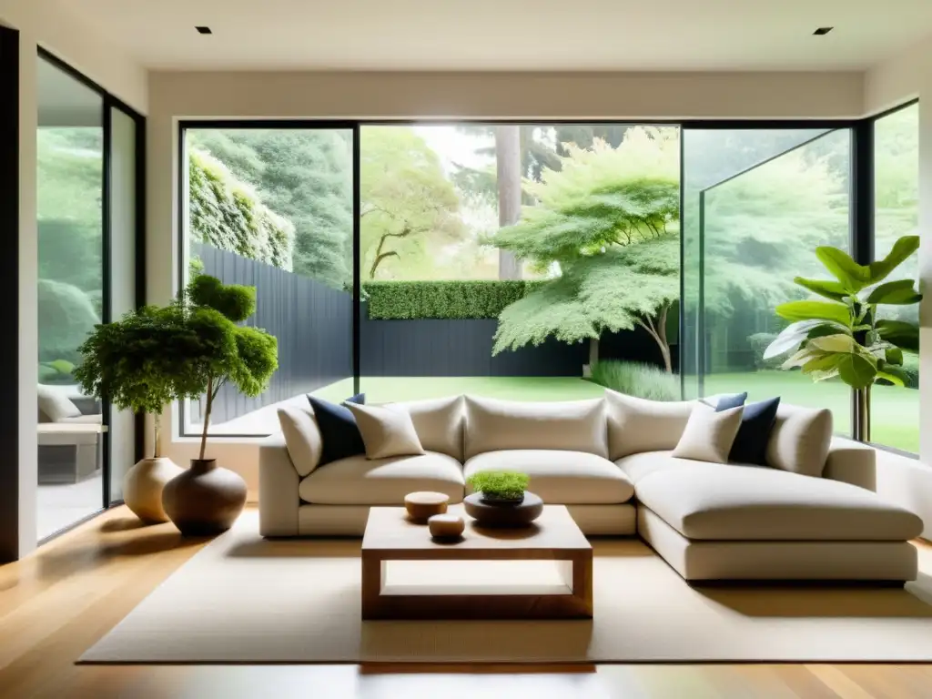 Acogedora sala con decoración reciclada y elementos feng shui, iluminada por luz natural y con vista a un jardín exuberante