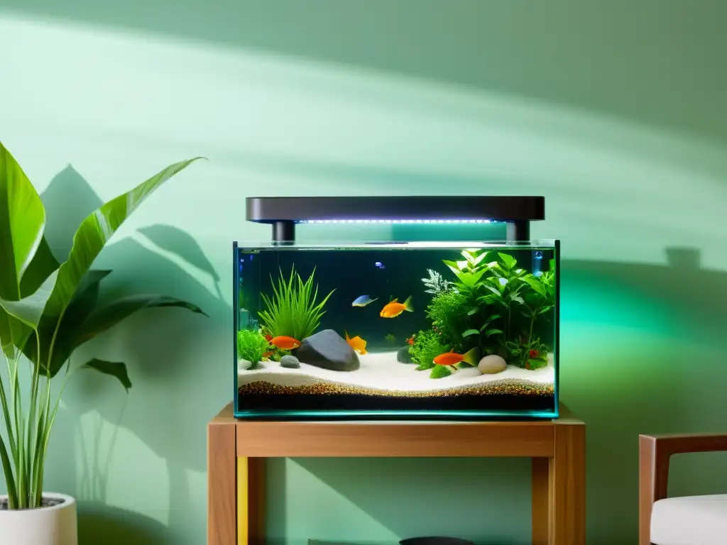 Un acuario de cristal minimalista, con peces y plantas, aporta armonía al salón