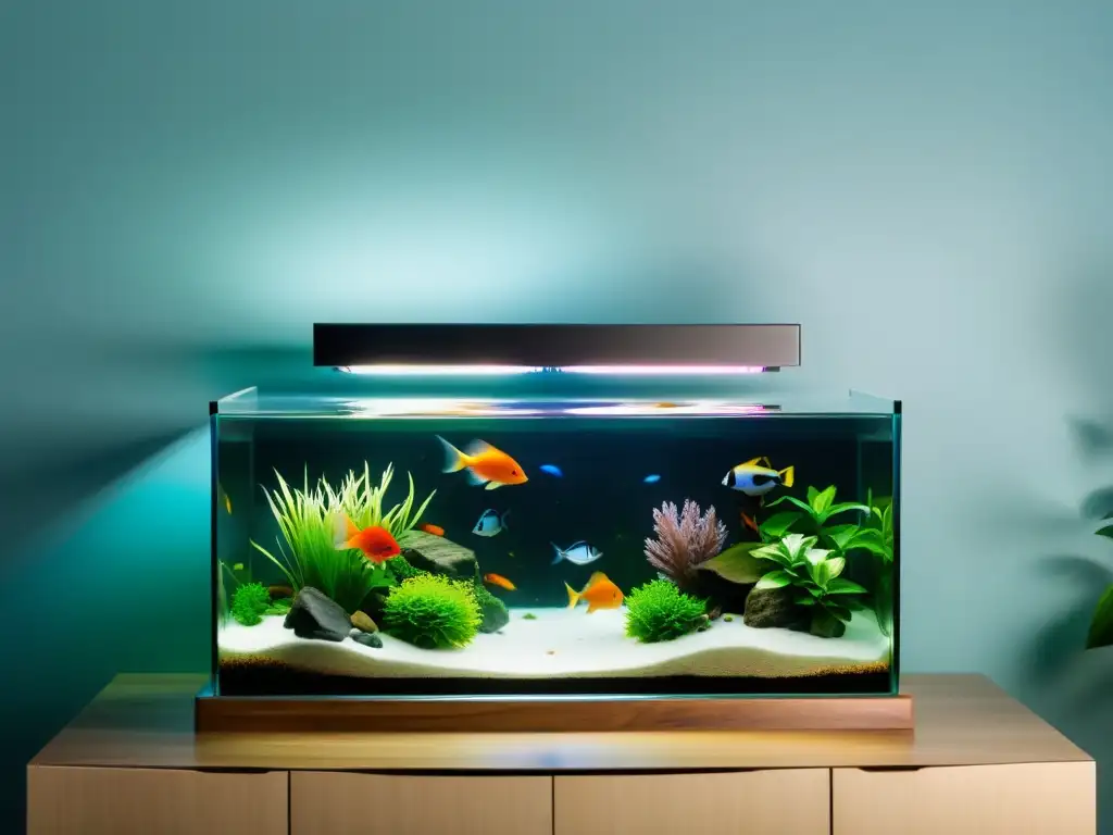 Un acuario elegante y sereno con peces coloridos y plantas acuáticas, evocando prosperidad y equilibrio