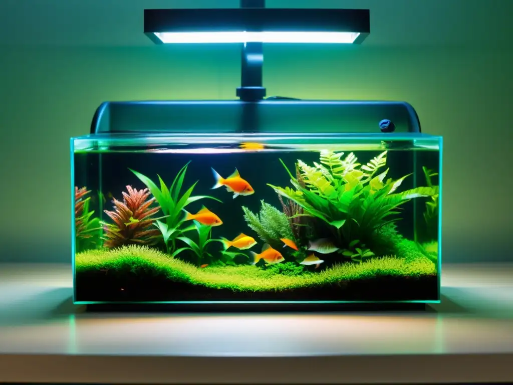 Un acuario de escritorio sereno y minimalista con una vibrante escuela de peces coloridos nadando entre exuberantes plantas acuáticas verdes