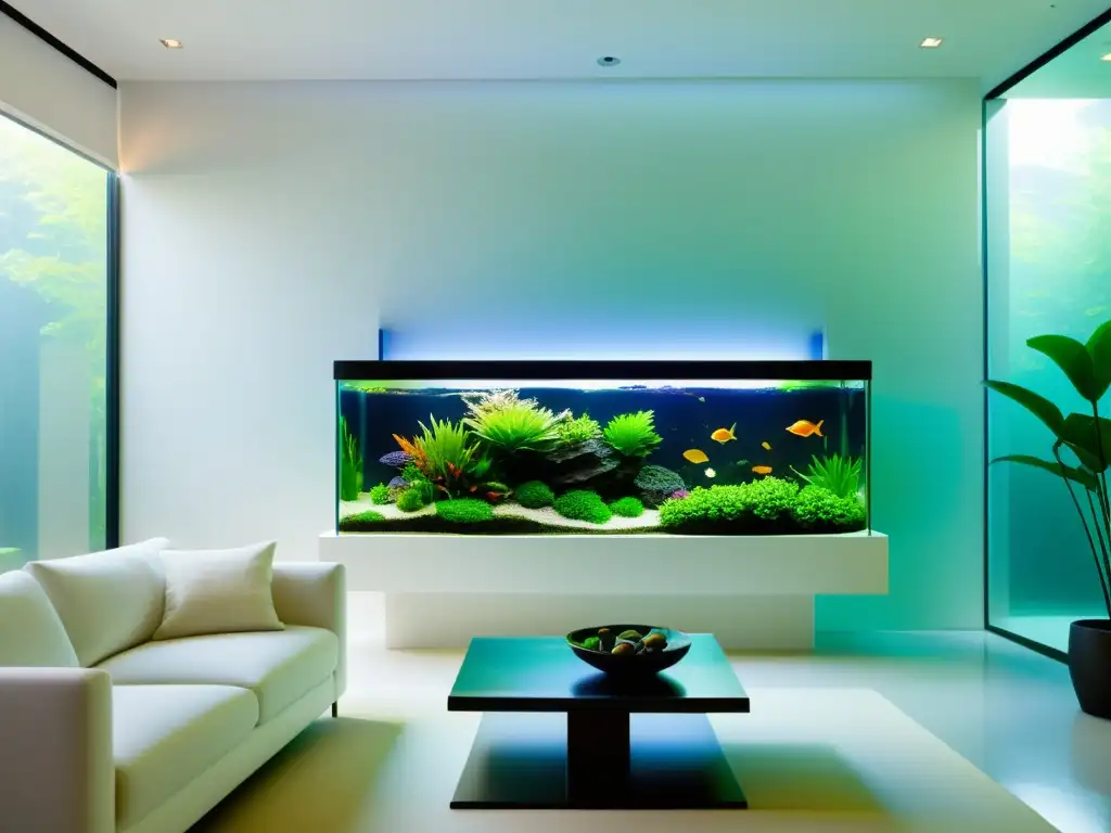 Acuario y fuente para Feng Shui en sala minimalista, con peces coloridos y plantas acuáticas vibrantes