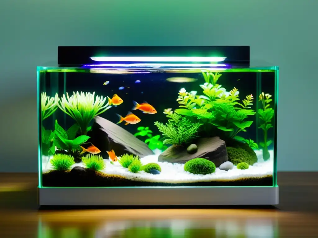 Un acuario de mesa sereno y minimalista con plantas acuáticas verdes vibrantes, rocas suaves y peces coloridos