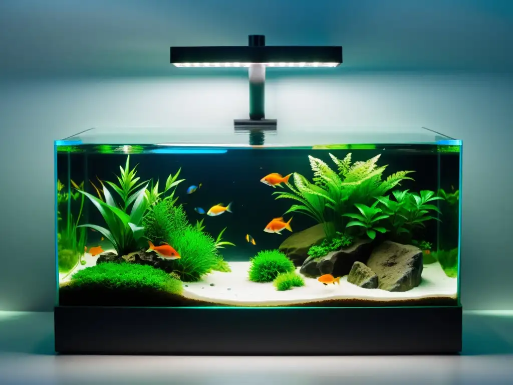 Un acuario minimalista de agua cristalina, peces tropicales vibrantes y plantas verdes exuberantes, iluminado suavemente