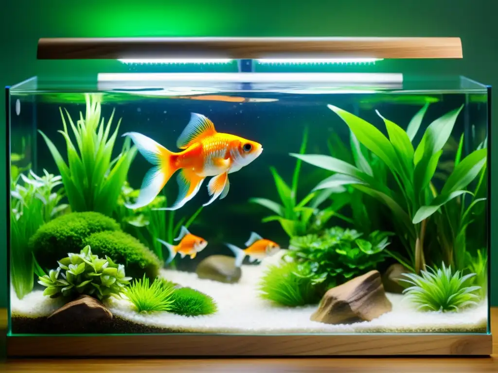 Un acuario de diseño minimalista con peces dorados nadando entre plantas acuáticas exuberantes