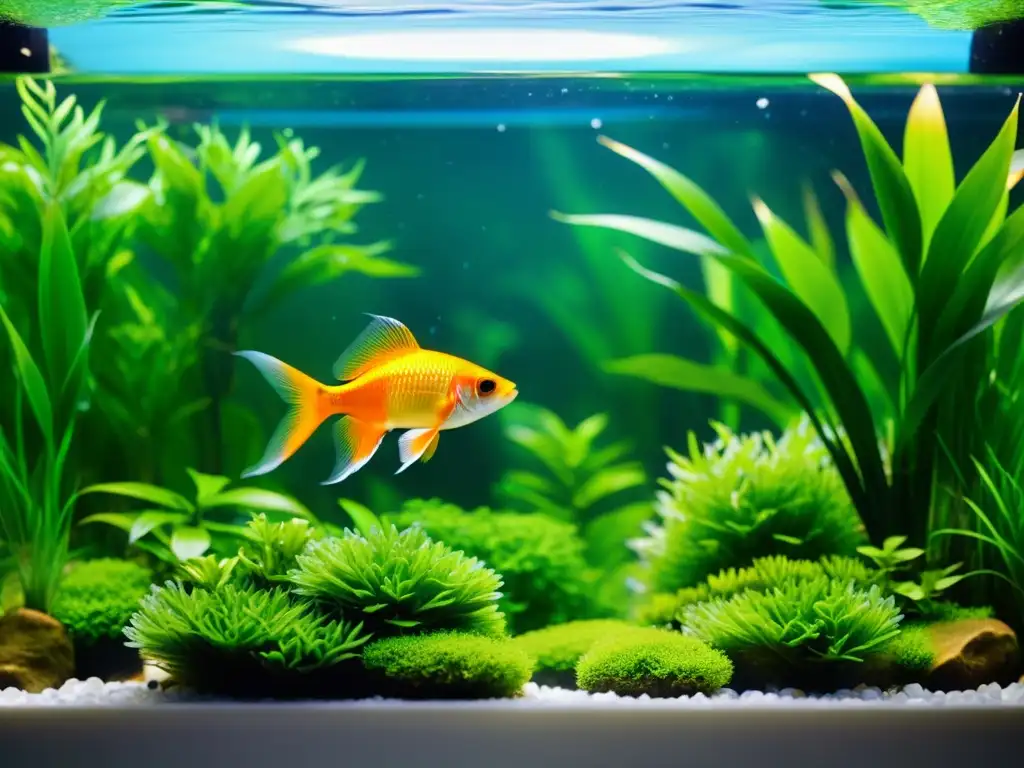 Un acuario minimalista con peces dorados saludables, rodeado de plantas verdes vibrantes, crea un ambiente sereno y armonioso, ideal para el Feng Shui