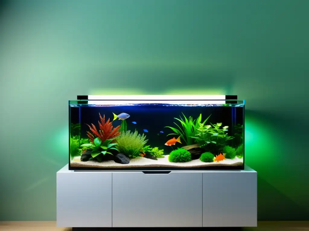 Acuario minimalista con plantas acuáticas exóticas y peces coloridos, creando un ambiente sereno y equilibrado