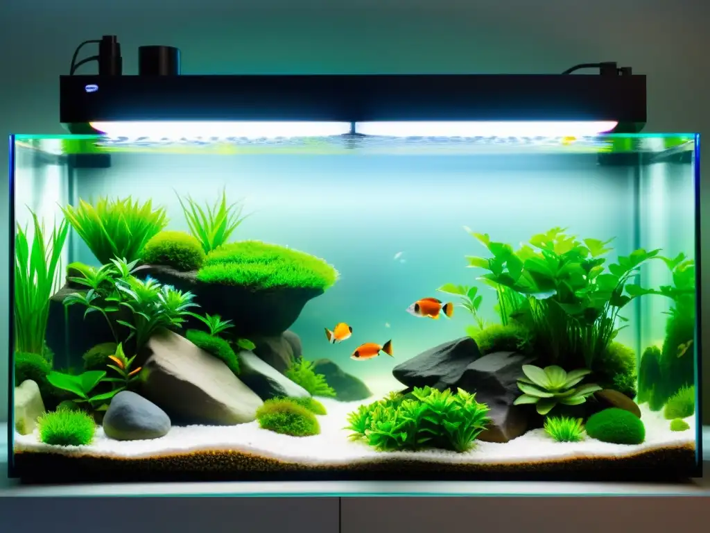 Un acuario sereno y minimalista con peces nadando en un entorno equilibrado y tranquilo, siguiendo el Feng Shui para peceras en casa