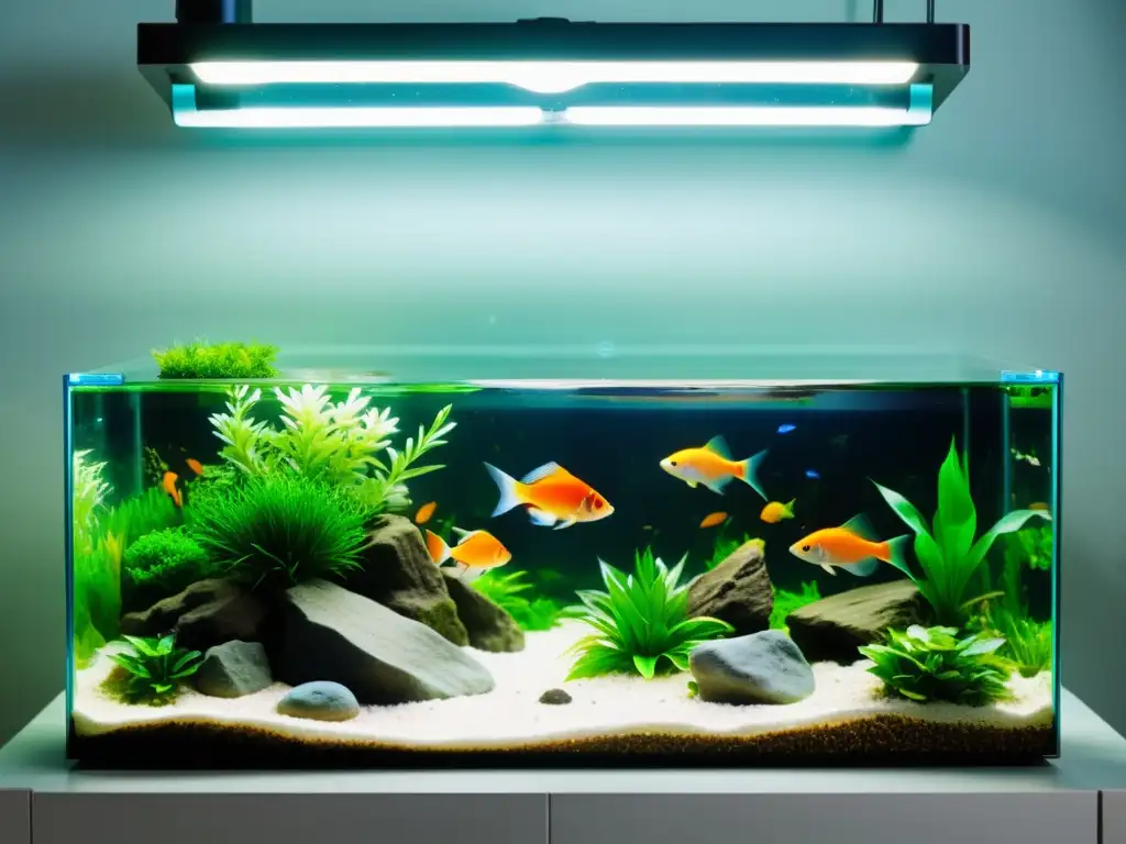 Un acuario sereno y minimalista con peces coloridos entre rocas y plantas